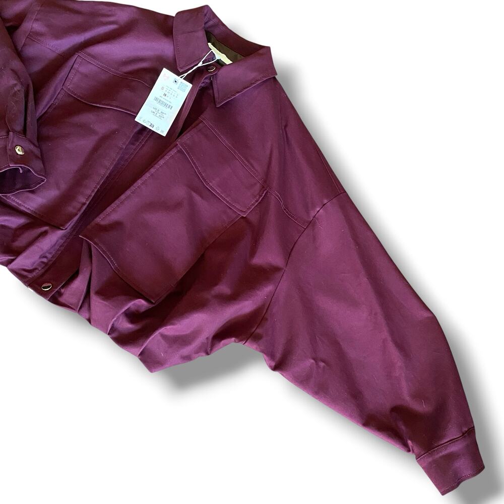 Zara Cropped Bubble Hem Jacket Sz S Burgundy Front Flap Pockets Oversized